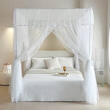 AIKASY 4 Corners Post Ruffle Princess Bed Canopy Curtain Double Layer Cozy Drape Netting With 4 Openings Elegant Mosquito Net For Girls And Adults Bedroom Decoration White Queen - 白色 - 查看 4