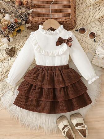 秋冬女婴长袖套装，新生儿连衣裙套装，衣服和裙子套装，棕色蝴蝶结，多层荷叶边裙，甜美可爱风格，适合女婴和女婴日常穿着
