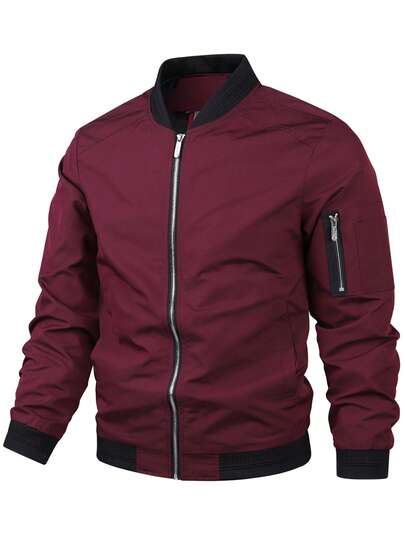 Winter Plus Size Men's Casual Jacket, Solid Color Sports Jacket For Spring/Autumn, Daily Wear, Slimming, High Quality Bomber Jacket, Thin Casual Flight Jacket For Men