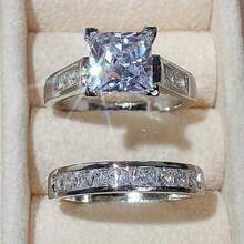 2pcs/Set Fashion Cubic Zirconia Rings For Women - Valentine's Day Gift Wedding Anniversary Party Jewelry - 銀色 - 查看 5