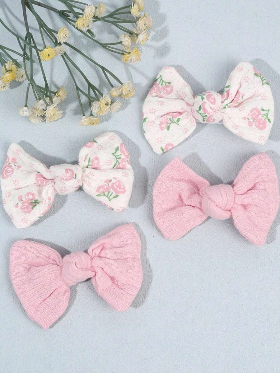 4pcs Girls' Soft Solid Color & Floral Print Hair Bow Clips, Pair Sets Of Bohemian-Style Bows - Charming Free-Spirited Delightful Hair Accessories For Beach Trips, Music Festivals, Parties & Summer Seasons
