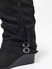 Black Pleated Fringe Double Strap Slip-On Wedge Heel Round Toe Comfortable Music Festival Vacation Versatile Mid-Calf Boots - Black - View 6