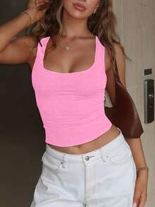 Áo tank top crop top nữ màu hồng trơn, dáng ôm, phong cách thường ngày, gợi cảm, thích hợp cho mùa xuân hè, đi nghỉ mát. - Hồng - Xem 5