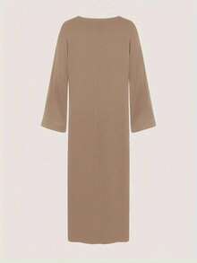 Women's Solid Color Arabic Style Long Sleeve Dress, Casual Long Dress - Khaki - View 3