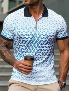 1pc New Men's Casual Summer Polo Shirt, Turndown Collar Zipper, 3D Geometric Plaid Print Short Sleeve Polo Shirt - White - View 3