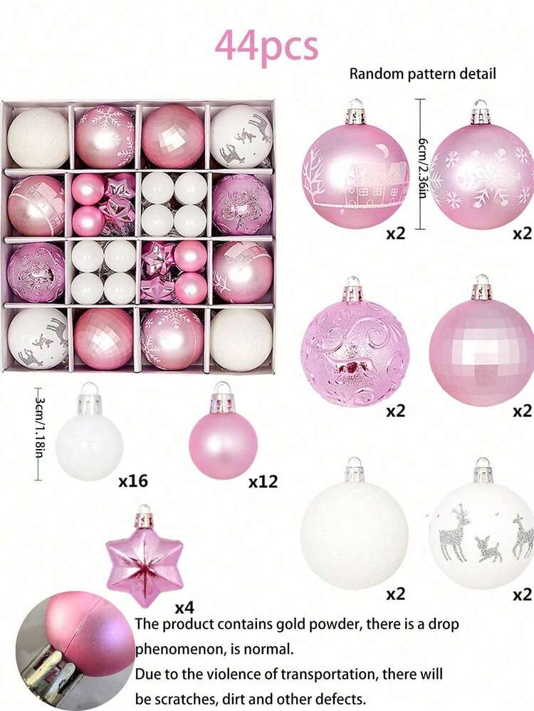 44pcs Christmas Ornament Set, Pink & White Christmas Decorations Including Christmas Flowers, Suitable For Christmas Tree Decor, Shatterproof Christmas Balls, Ideal For Christmas Party And Home Decor - Pink - View 9