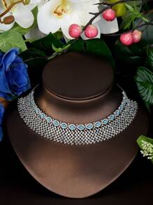 1 Set Vintage Cubic Zirconia Hollow Rhombus Turquoise Color Round Gemstone Jewelry Set, Suitable For Women To Wear On Vacation And Travel