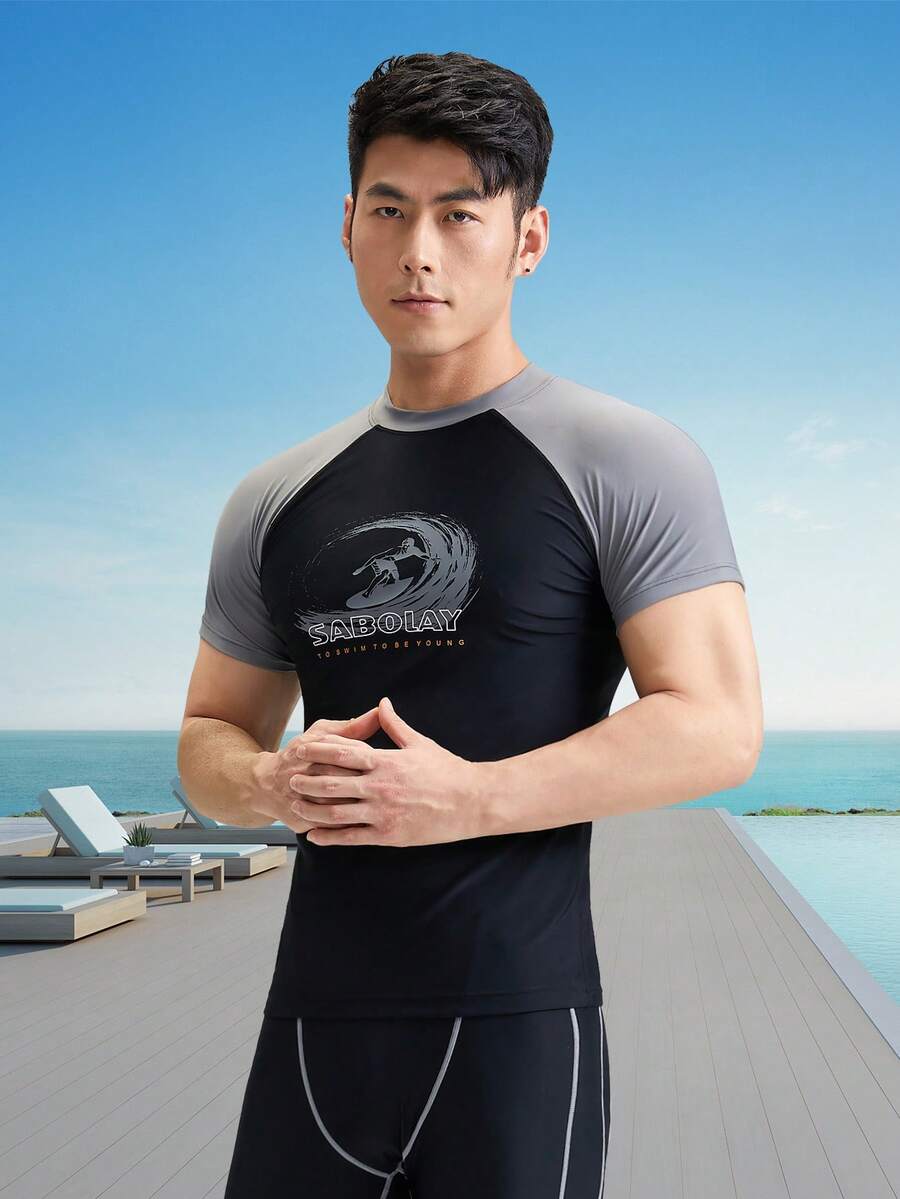 SABOLAY Đồ bơi tay ngắn lướt sóng nhanh khô bó sát phong cách bạn trai cho nam ngoài trời có chức năng chống nắng - màu đen - Xem 1