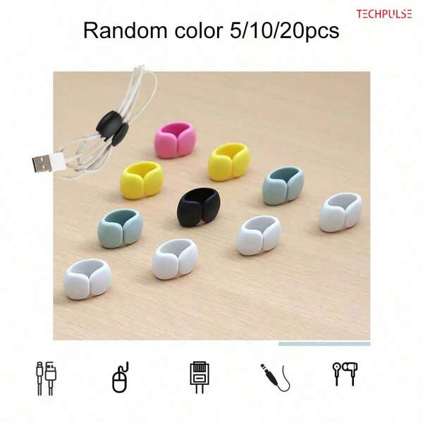 5pcs Silicone Cable Clips Set (Random Colors)|Universal Cord Organizer For Earphones/USB/Charging Cables|Desk & Bedside Wire Holder|Fits Cables Under 5mm Diameter,For School Supplies,Back To School