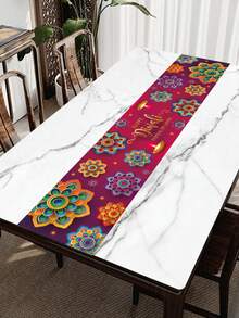 1pc Happy Diwali Table Decor, Purple Diwali Table Cloth, 180x35cm Polyester Table Decoration, Festival Party Decorations, Home Decor - Multicolor - View 2