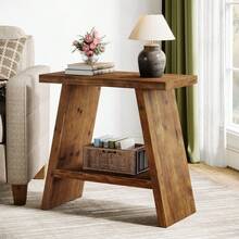 LITTLE TREE 2-Tier Solid Wood Narrow End Table For Living Room, Small Side Table With Storage, Rustic Bedside Table Nightstand For Bedroom, Small Places, 23.62" L X 11.81" W - 質樸棕色 - 查看 3