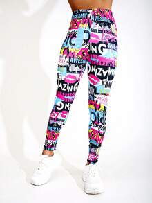 秋冬新品，时尚优雅的女士黑色泼墨印花紧身裤，粉色花卉柔软弹力九分裤，红色爱心字母图案七分紧身裤，适合健身、散步、户外、工作、派对、瑜伽、深蹲、举重、塑身