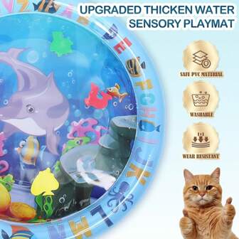 互动式防溅猫咪游戏垫，带漂浮鱼图案，PVC 缓解室内猫咪无聊的踢踏玩具
