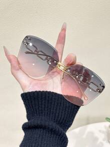 1pc Women Pink Geometric Ombre Lens Rimless Metal Chain Elegant Delicate Popular Design Fashion Eyeglasses For Street Snap Banquet Wedding Vacation Outfits Going Out Outfit Fashion Accessories For Summer Beach Vacation,Outdoor,Travel