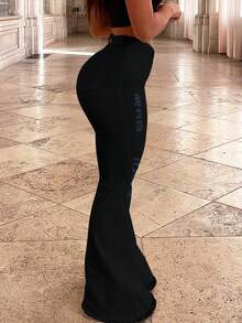 Women's Mid-Rise Flared Jeans, Sexy Ripped Elastic Raw Hem Denim Flared Pants, Casual Wear Fashion Trousers - 黑色 - 查看 2