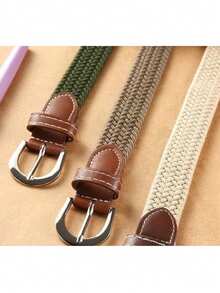 1 条男士编织弹性腰带，多种颜色，无扣，有弹性，时尚休闲，适合高尔夫和日常穿着 - 軍綠色 - 查看 3