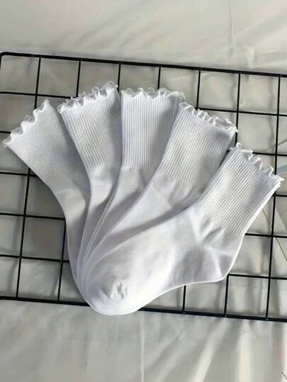 5 pares de calcetines de media pantorrilla con rayas blancas sólidas y bordes con volantes, adecuados para el hogar, viajes, vacaciones y otoño e invierno.