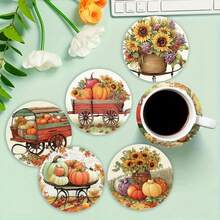 1set/4pcs/6pcs Autumn Pumpkin And Maple Leaf-Patterned Diatom Mud Coasters, Coffee Coasters, Home And Restaurant Multi-Occasion Decorations, Daily Gifts, Table Decorations, Daily Decorations, Theme Party Decorations - Multicolor - View 2