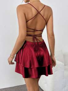 1 件性感缎面露背系带优雅褶皱连衣裙，适合酒吧、派对、家居 - 酒紅色 - 查看 4