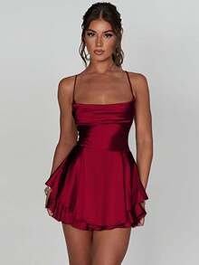 1pc Sexy Satin Backless Tie Strap Pleated Dress, Suitable For Bar, Party, Home, Elegant European & American Cross-Border Hot Selling Item - Cherry Red - View 5