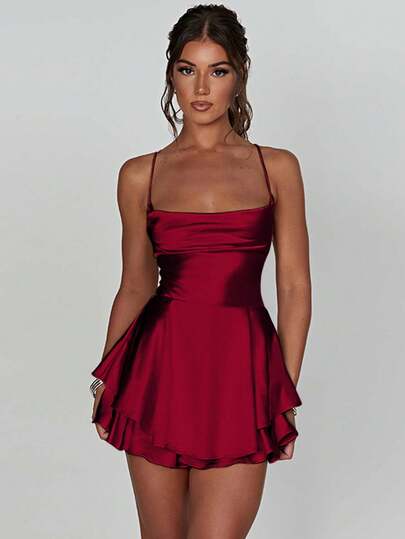 1pc Sexy Satin Backless Tie Strap Pleated Dress, Suitable For Bar, Party, Home, Elegant European & American Cross-Border Hot Selling Item Summer