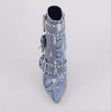 Women'S Punk-Rock Ankle Boots With Rhinestone & Studs - Graffiti Denim Stiletto Heels (Pointed Toe), Edgy Strappy Party Boots For Club/Street/Runway (All-Season Statement Shoes) - 牛仔布 - 查看 5