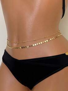 1 Peça Corrente de Cintura Feminina Minimalista de Verão com Lantejoulas e Contas Feita à Mão, Corrente de Cintura Dupla Camada com Contas Redondas, Corrente de Metal para o Corpo, Corrente de Barriga, Joia de Cintura, Corrente de Cintura da Moda - Dourado - Visão 2