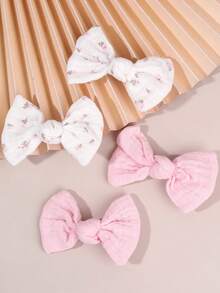 4pcs Girls' Soft Solid Color & Floral Print Hair Bow Clips, Pair Sets Of Bohemian-Style Bows - Charming Free-Spirited Delightful Hair Accessories For Beach Trips, Music Festivals, Parties & Summer Seasons
