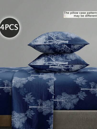 4pcs Garden Navy Blue Tree Pattern Bedding Set, Includes 1 Bed Skirt, 1 Flat Sheet And 2 Pillowcases (Pillow Insert Not Included). Luxury Bed Skirt Set, Available In Sizes: Super King, King, Queen, Twin. Deep Pocket Bed Skirt Design Fits Up To 11.8 Inches. Soft & Breathable, Wrinkle-Resistant, Enhances Sleep Quality. Luxurious Hotel Style, Ideal Gift For Parents, Friends, Back To School Or Dorm