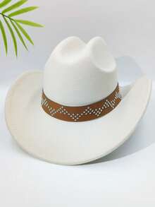 1 件心形雪花设计水钻镶嵌铜珠编织带西部优雅牛仔帽 - 涤纶、轻质、编织面料、西部牛仔帽 - 母亲节礼物