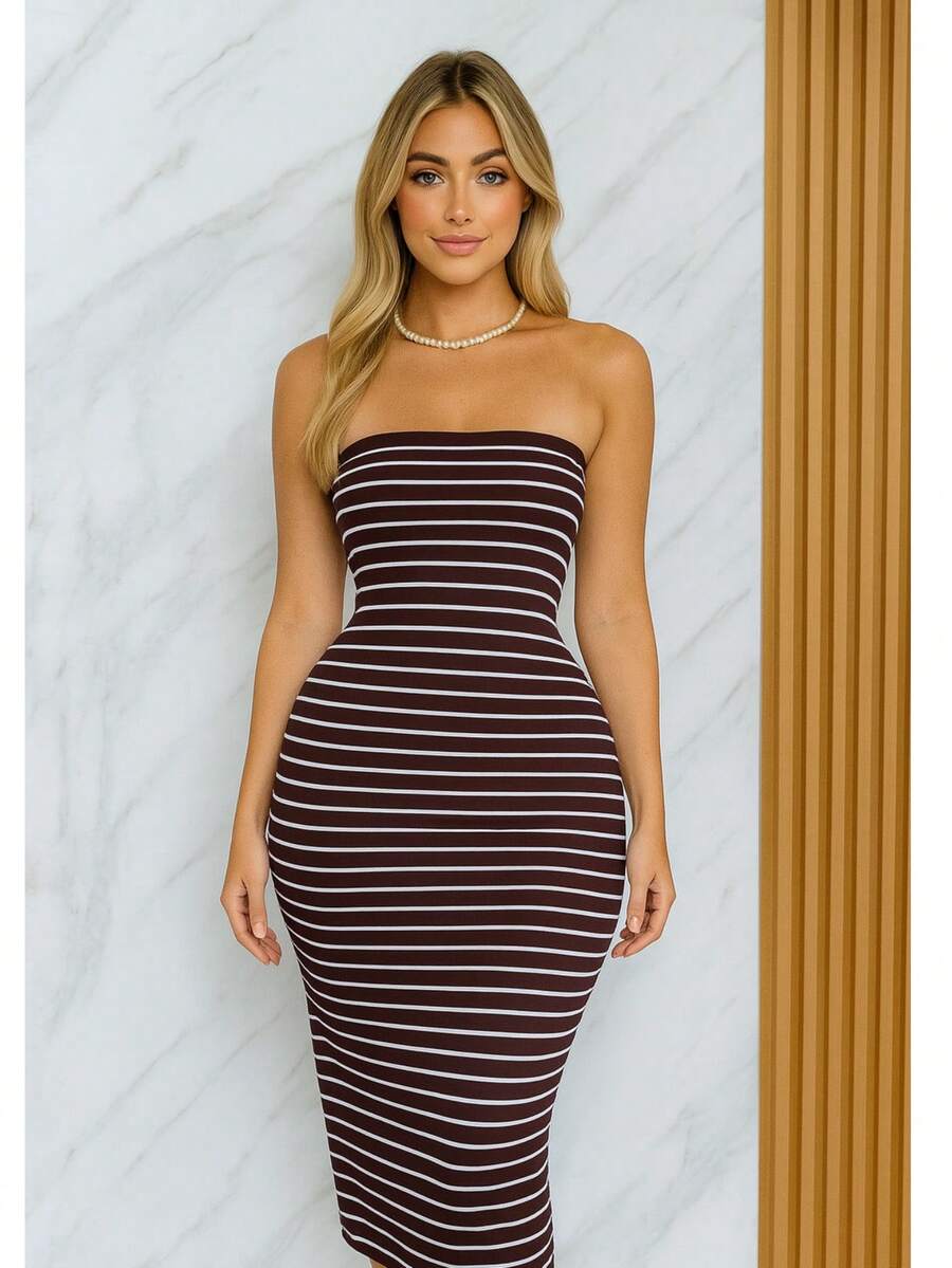 Vestiso mujer strapless largo maxi rayas color combinado casual dulce sencillo canalé rib abertura trasera caminar playa noche de fiesta vacaciones oficina casa diario fiesta de cumpleaños jardín calle concierto de música country verano - Marrón Chocolate - Ver 1