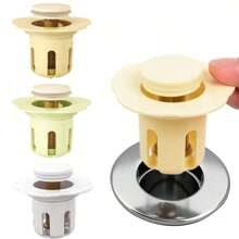 1pc Universal Bathroom Sink Stopper With Hair Catcher, Spring Core Bathtub Drain Cover, Plastic Core Pop Up Sink Plug, Basin Drain Strainer, Press Type Sink Plug, Bathroom Accessories, Bathroom Supplies