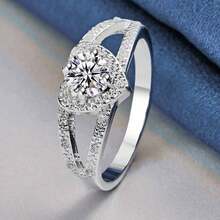 1 件 925 纯银镀心形锆石戒指，女士订婚戒指，防过敏，适合日常和婚礼场合，情人节礼物珠宝 - 銀色 - 查看 3