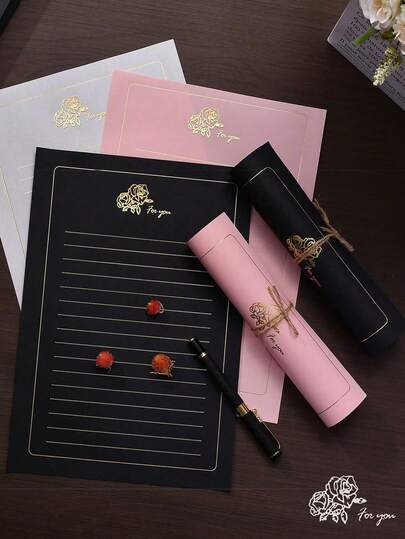 10pcs A4 Rose Gold Foil Stationery Paper, Romantic Love Letter Paper, Suitable For Office, Birthday, Gift, Invitation, Thanksgiving, Valentine's Day Decoration
