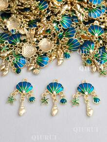 5 piezas de accesorios de conchas marinas de verano, estilo DIY artesanal, colgantes de estrellas de mar y caracolas de metal para hacer joyas, aretes, collares y pulseras - Multicolor - Ver 5