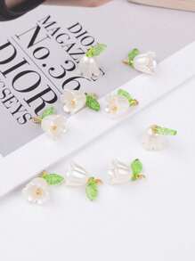 10pcs Pearl, Lily Of The Valley & Plum Flower With 3D Leaf Decorative Beads For Bracelet, Keychain & Pendant DIY Valentines