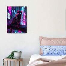 Framed 1PC Room Decor Cyberpunk Cat Gaming Canvas Poster - Vibrant Neon Aesthetic Wall Art With High-Tech Armor & Glowing Hues, Perfect For Bedroom, Office, Or Cafe Decor,Cat Decor, Office Decoration | Futuristic Cat Design | Detailed Textures, Cat Decorations