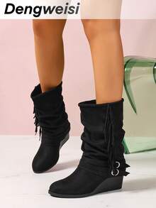 Black Pleated Fringe Double Strap Slip-On Wedge Heel Round Toe Comfortable Music Festival Vacation Versatile Mid-Calf Boots - Black - View 4