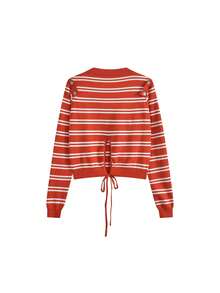 Stylish Off-Shoulder Red Striped Fitted Sexy Knit Tops (Stripe Pattern Random) - Red - View 7
