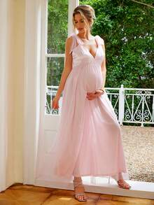 Joyfunear 孕妇装夏季简约V领系带肩网眼拼布连衣裙 - 粉色 - 查看 3