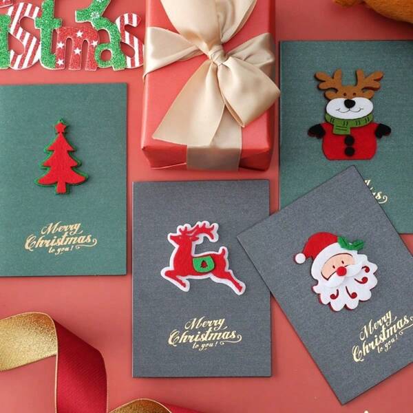 1pc Glitter Paper Christmas Greeting Card, Felt 3D Blessing, Thanksgiving & Christmas Greeting Card With Envelope
