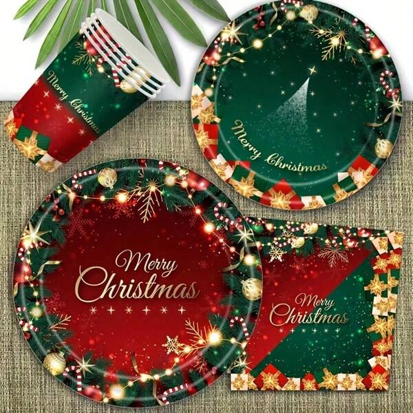 10pcs/20pcs/50pcs/80pcs Red And Green Christmas Party Supplies Red And Green Merry Christmas Plates Cups Napkins Cups Tableware Set With Xmas Tree Gift Snowflake Design For Winter Holiday Christmas New Year Party Decorations & Favors