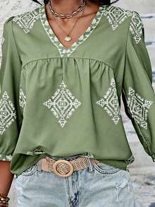 Women's Casual V Neck Geometric Print Chiffon Blouses 3/4 Sleeve Vintage Summer Tops Shirts - 綠色 - 查看 4