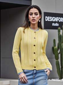 Women's Yellow Plaid Cardigan Color Contrast Sweater With Patchwork Design Cozy Fall Layering Piece - Yellow - View 6