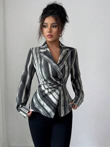 Satin Shirt, Long-Sleeved Top, Striped Waist-Hugging Shirt, Professional Slim Suit Collar, Autumn Suit, Fall Women Clothes Streetwear - Grey - View 4