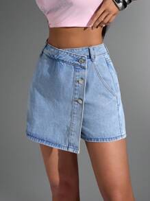 Jeanoix High Waist Button Front Asymmetrical Denim Skort - Light Wash - View 1