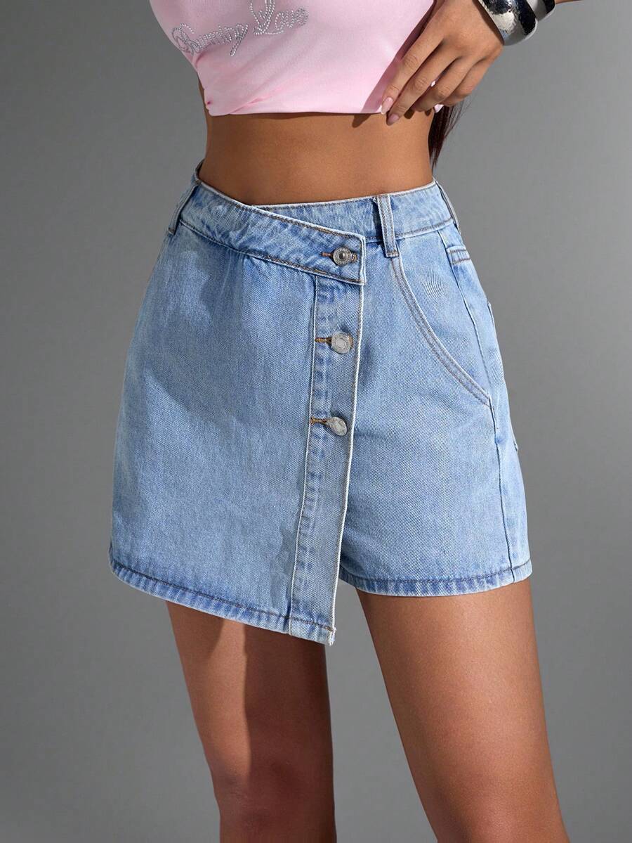 Jeanoix High Waist Button Front Asymmetrical Denim Skort - Light Wash - View 1