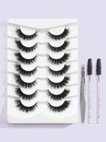 7 对自然浓密假睫毛和 1 个睫毛镊子和 2 个一次性睫毛刷，浓密卷曲蓬松睫毛，适合派对使用漫画睫毛，旅行必需品