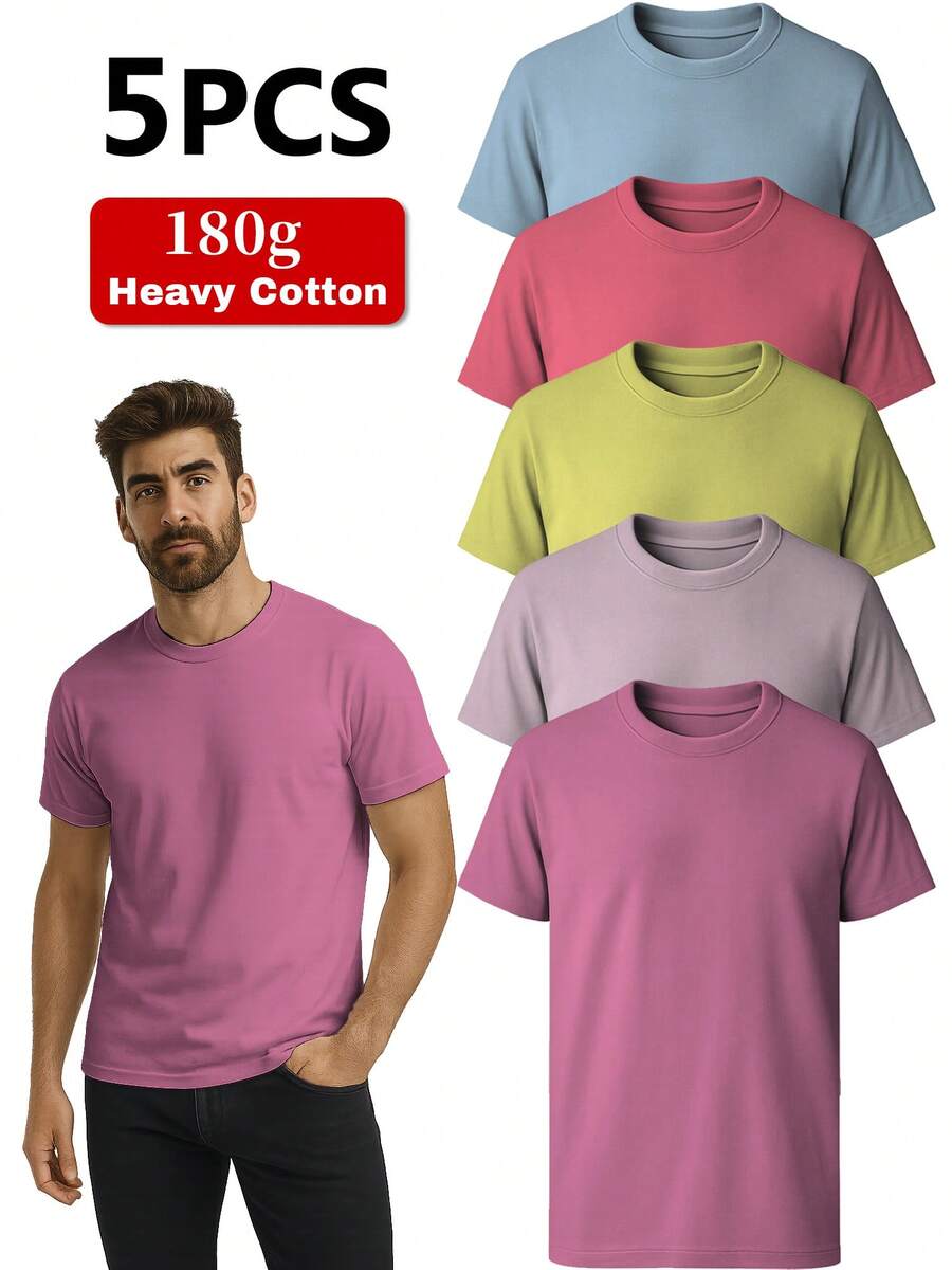 5-Pack Unisex Cotton T-Shirts - Classic Solid Color Crew Neck Tee - Casual Sports Pullover, All-Season Loose Fit, Regular Length Short Sleeve