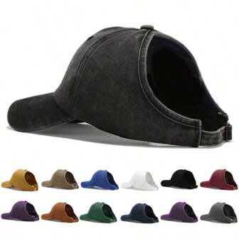 Chapeau de seau décontracté pour l'extérieur avec trou pour queue de cheval Style vintage lavé unisexe Chapeau réglable, cadeau parfait pour les amis